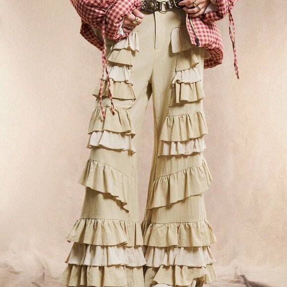 Apricot Boho Casual Women's Wide Leg High Waist Ruffled Pants - Picture 3 of 7